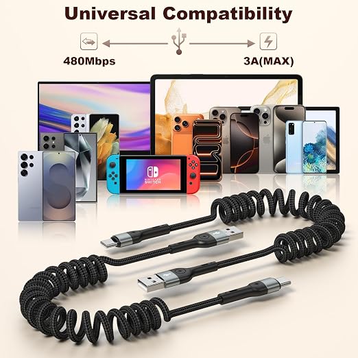 Coiled USB C Charger Cable for CarPlay [3ft 2Pack]USB A to USB C CableDurable Braided Type C Fast Charging Cable for iPhone 17/16/15/Pro/Pro MaxGalaxy S26/25/S24Android Devices（Black）