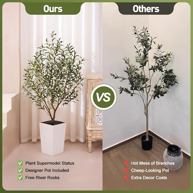 Artificial Olive Tree 5FT Indoor&Outdoor Faux Plant - UV Resistant Large Fake Tree with White Planter & Pebbles, Realistic Tall Potted Artificial Trees for Modern Home Decor Office Living Room VN132