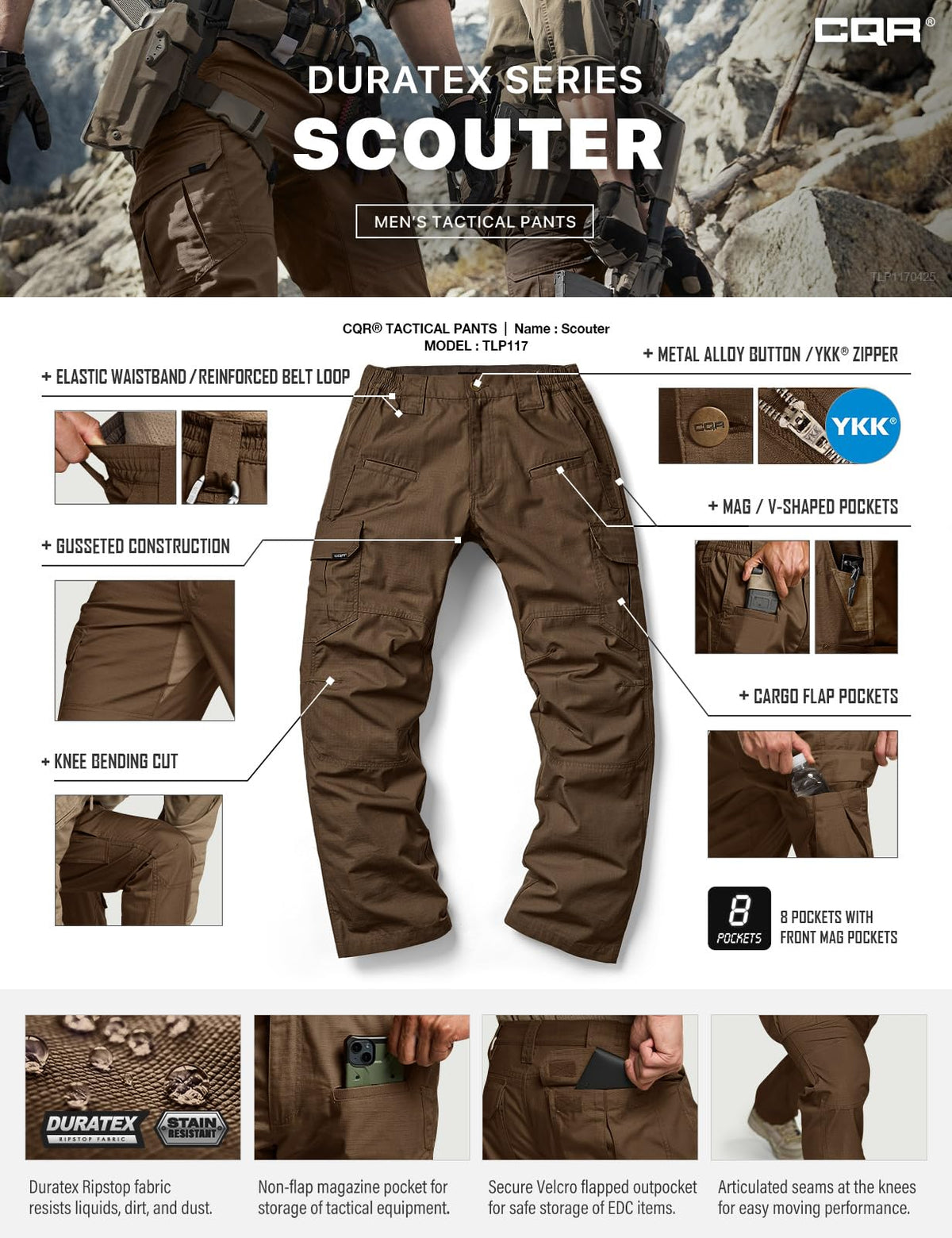 CQR Men's Tactical Pants, Water Resistant Ripstop Cargo Pants, Lightweight EDC Work Hiking Pants, Outdoor Apparel, Raider Tundra, 42W x 32L