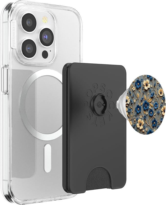 Beige and Blue Floral Print with Leaves Design PopSockets Adhesive PopGrip
