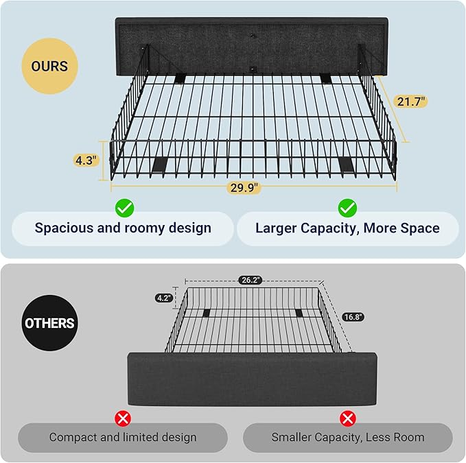 Allewie Upholstered Full Size Platform Bed Frame with 4 Storage Drawers and Headboard, Square Stitched Button Tufted, Mattress Foundation with Wooden Slats Support, No Box Spring Needed, Dark Grey