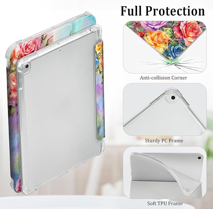 Lokigo for iPad 9th/ 8th/ 7th Generation Case 10.2 Inch (2021/2020/2019 Release) iPad Air 10.5 (3rd Generation) 2019 /Pro 10.5 2017 Case with Translucent Hard Shell Back -Flowers