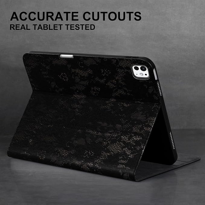 Leather Case for iPad Pro 13 Inch M5/M4 2025/2024Silver Black | Genuine Leather Cover with Pencil HolderProtective Smart Folio Auto Sleep/WakeShockproofAdjustable Stand