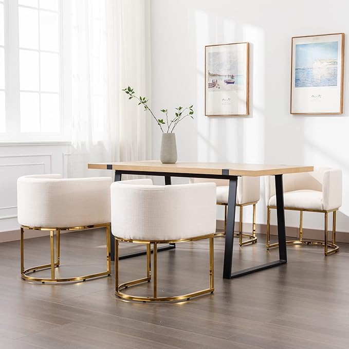 Linen Fabric Dining Chairs Set of 6 Modern Barrel Arm Chairs with Golden Frame, Upholstered Kitchen Chairs 18.5" Wide Accent Chairs for Living Room Dining Room Restaurant, Cream