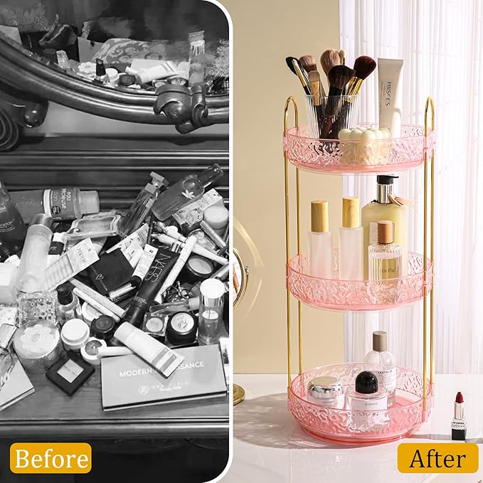Fangoo 3 Tiers Pink Rotating Makeup Organizer for Vanity, 360 Spinning Skincare Organizers for Dresser Perfume Organizer Large Skincare Make Up Storage Cosmetic Organizer for Bathroom Countertop