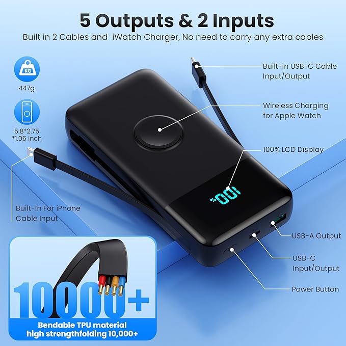 Portable Charger 40800mAh for iPhone with 2 Built-in Cable and iWatch Charger, 5-in-1 25W PD Fast Charging USB C Power Bank,QC4.0 LED Display Battery Pack for iPhone 16/15/14/13/12,Android,Apple Watch
