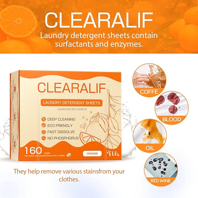 CLEARALIF Laundry Detergent Sheets (320 Loads), Orange,Great For Travel,Apartments, Dorms,CLEARALIF Laundry Detergent Strips Eco Friendly & Hypoallergenic (80 Count, Pack of 2)
