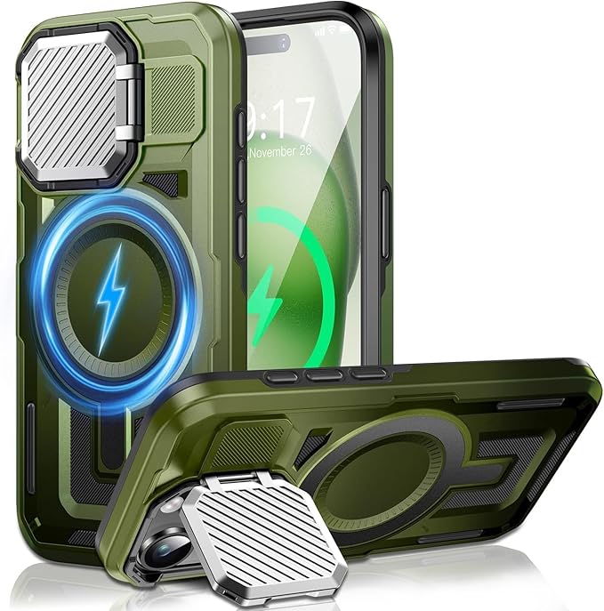 Camera Stand Case for iPhone 15 Plus, [Compatible with Mag Safe] [Lens Cover] 2024 Version Military Grade Protective Soft Case for iPhone 15 Plus 6.7 inch Men Women, Green