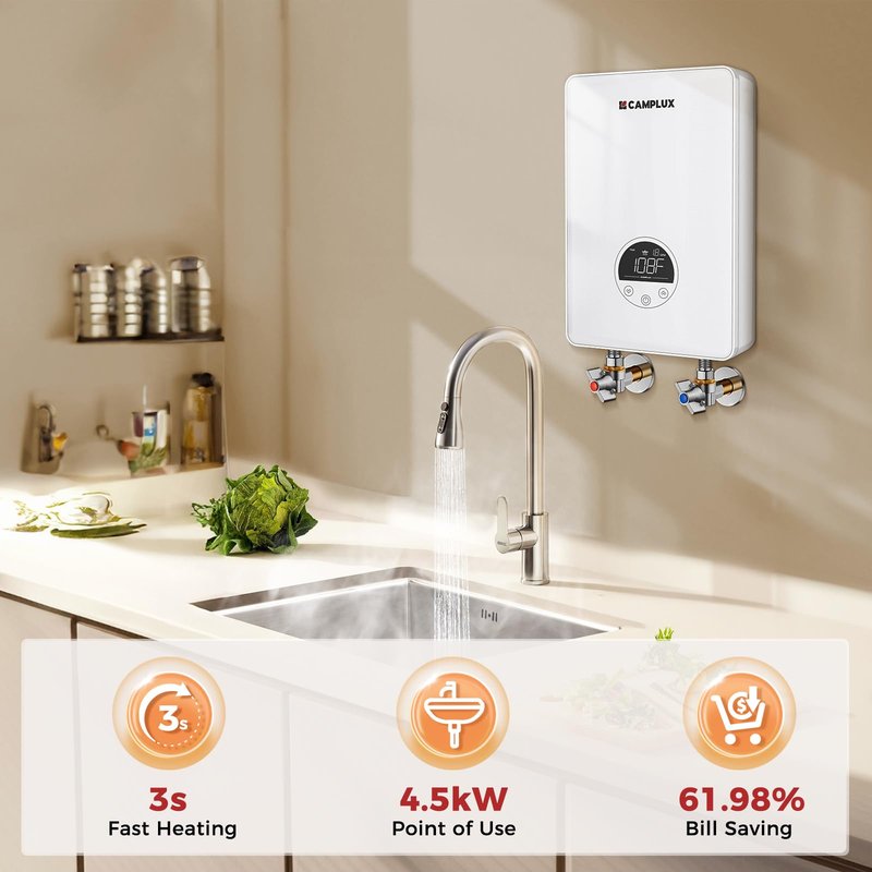 CAMPLUX Tankless Water Heater Electric 120V, 4500W Point of Use Instant Hot Water Heater, Save Space for Sink Wall Mounted LED Digital Display CSA Certified