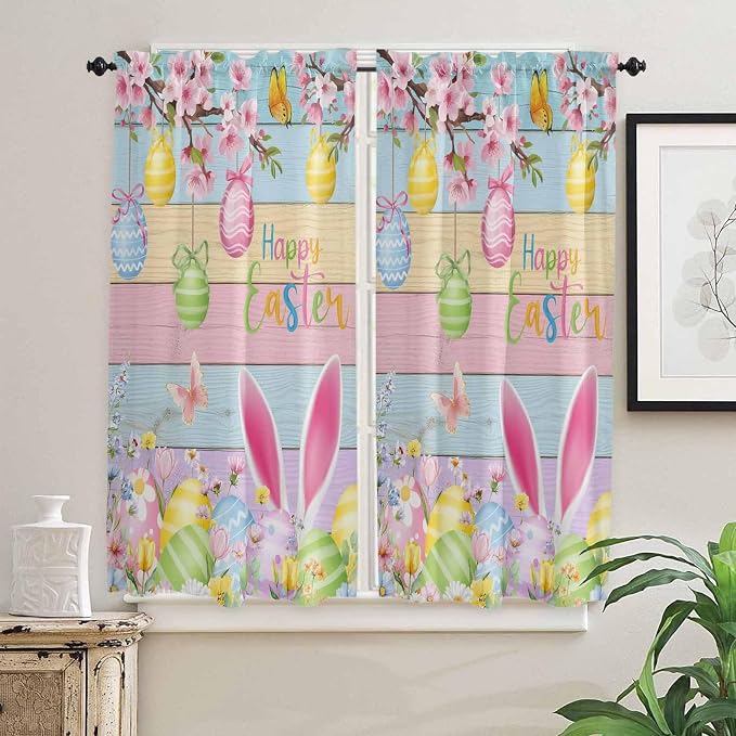 Colorful Easter Bedroom Curtains 63 Inches length, Spring Watercolor Bunny Egg