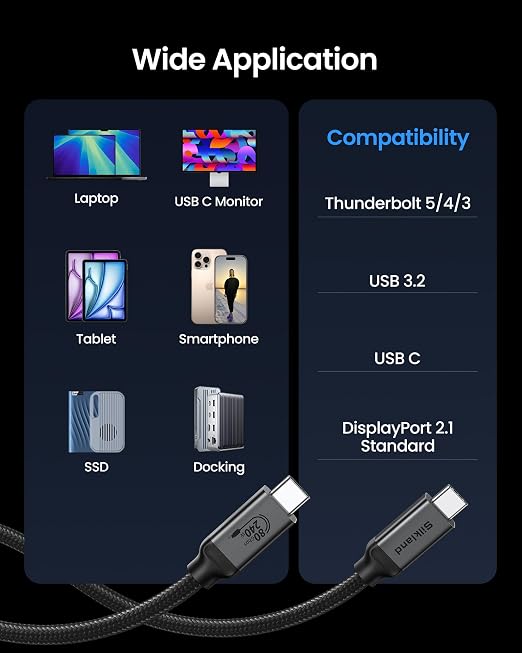Silkland 80Gbps USB 4 for Thunderbolt 5 Cable 1FT 240W PD 3.1 Charging up to 120Gbps Bandwidth for Dual 8K Braided USB C Data Cable Compatible Thunderbolt 4/5 SSD MacBook M4 Pro iPhone17/16Dock
