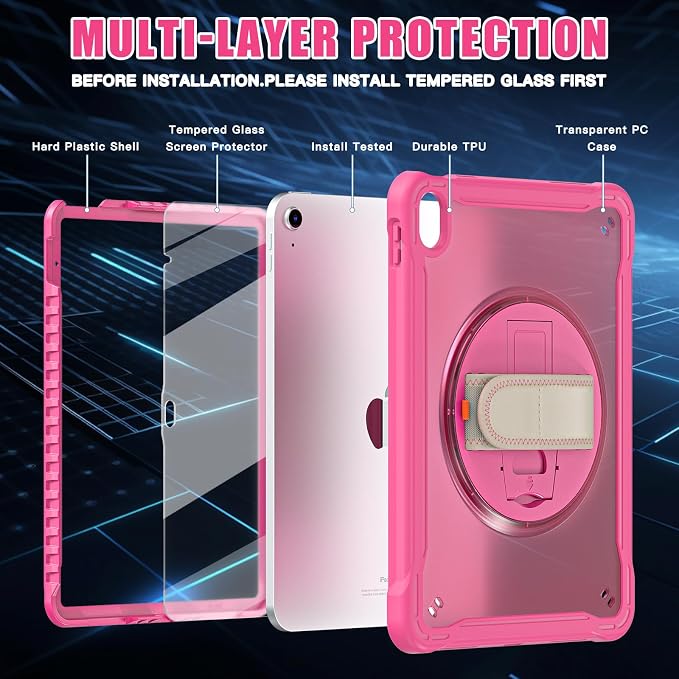 BLOSOMEET Clear Case for iPad 9th/8th/7th Generation 2021/2020/2019 10.2 Inch with Tempered Glass Screen Protector &amp Pencil HolderDrop-Proof iPad 10.2 Case w/Stand Hand Shoulder StrapBlack