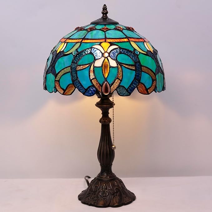 Tiffany Table Lamp Stained Glass Lamp 12X12X19 Inch Antique Reading Light (Green Brown Jewelry Baroque)