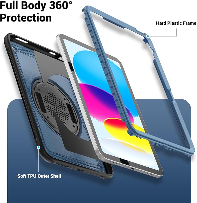 Case for iPad (A16) 11th Generation 11 inch 2025 Lightweight Rugged Dual-Material Design 360° Rotating Adjustable Leather Hand Strap Foldable Kickstand Durable with Full ProtectionBlue