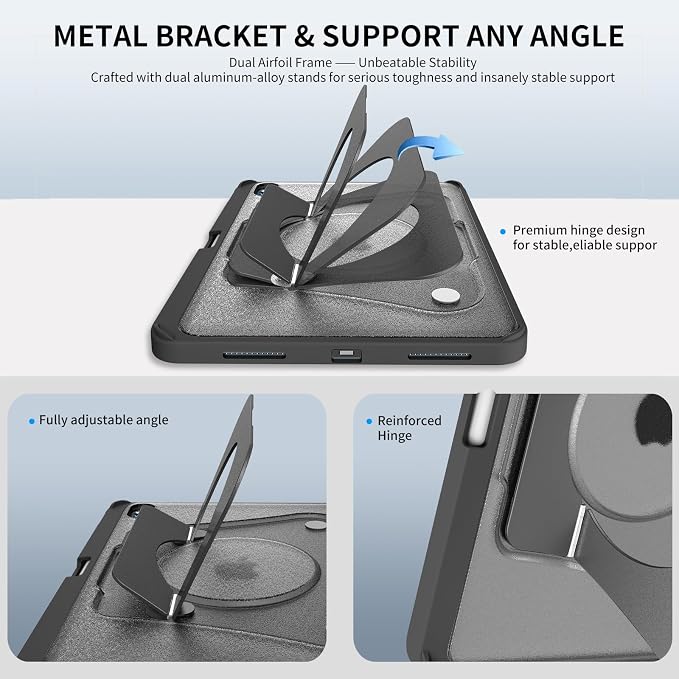 Case for iPad Air 11-inch (M4 2026/ M3 2025/ M2 2024) &amp 10.9-inch (5th/ 4th Gen) 2022/2020Dual Metal Foldable Stand Any Angle Support with Pencil Holder (Black)