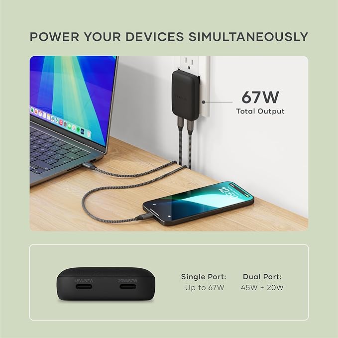 Satechi OntheGo 67W GaN Wall Charger PD 3.0 + PPS Dual USB-C Ports Black | Dual USB-C ports 45W+20W split-charging mode fits MacBook iPad iPhone 17 Galaxy Pixel Steam Deck
