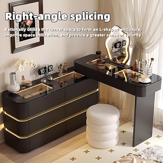 Makeup Vanity Desk with Storage Drawers, Solid Wood Glass Top, Lights Desk and Chair, Easy Installation (Black 2 Drawers, 47.2”)