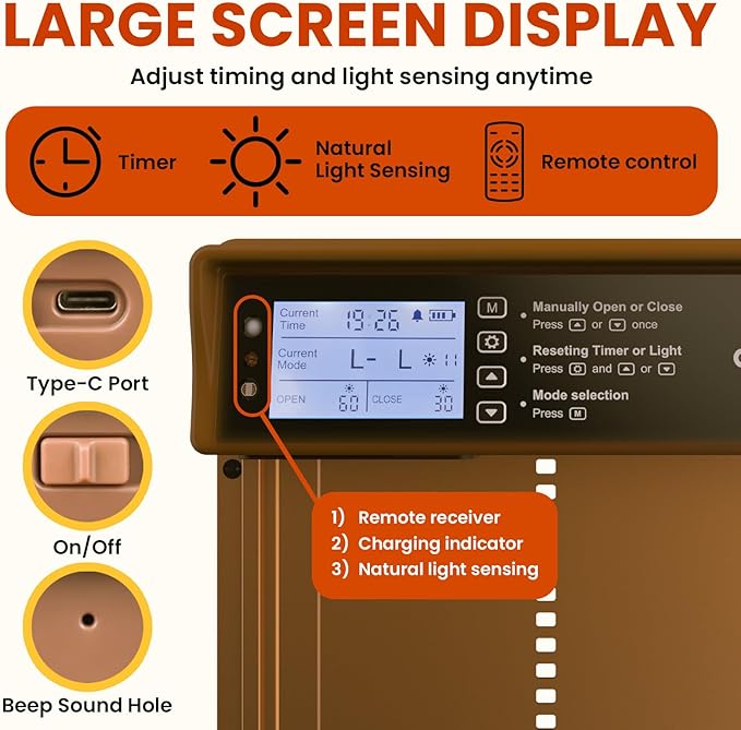 Okkobi Automatic Chicken Coop Door Solar Powered - LCD Display - Chicken Coop Door with Remote Control, Light Sensor & Timer - Security & Peace of Mind: Anti-Pinch function - 5-Year Protection - Brown