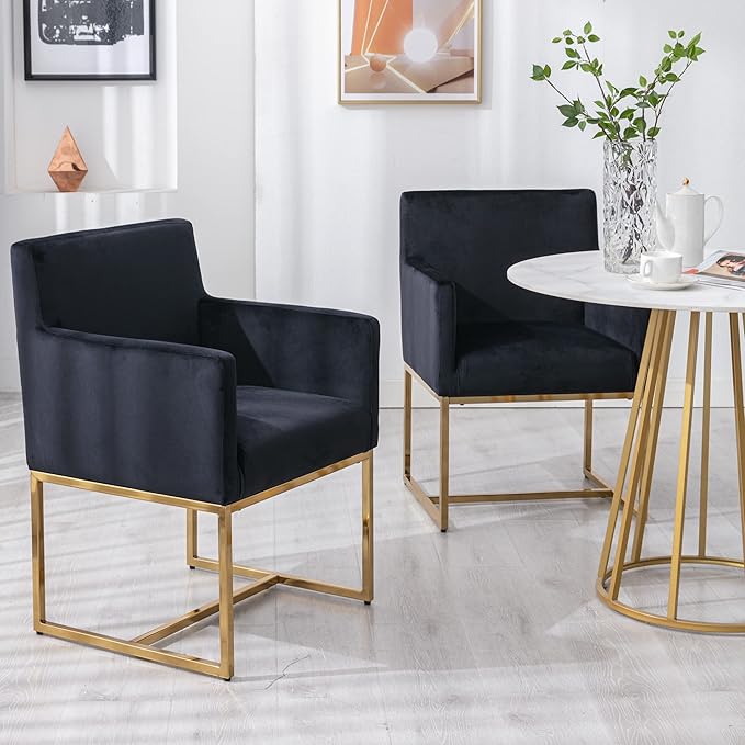 Set of 2 Upholstered Velvet Dining Chairs with Armrest, Mid Century Modern Accent Armchairs, Modern Kitchen & Dining Room Chairs with Gold Frame, Black