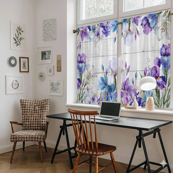 Spring Flowers Kitchen Curtains, Watercolor Garden Florals Wooden Grain Light