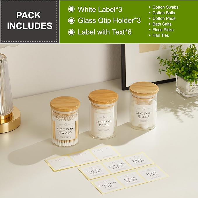 3 Pack Qtip Holder Dispenser - Glass Apothecary Jars with Lids, Cotton Ball Pad Swab Round Holder, Bamboo Bathroom Accessories, Bathroom Organizers Containers Jars Canisters with Lids