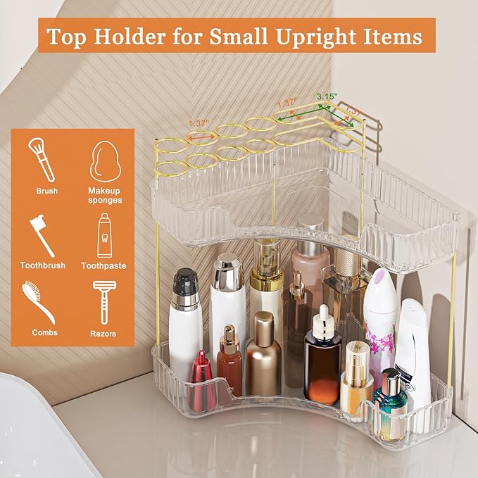 Webetop Corner Makeup Organizer for Vanity, 2 Tier Bathroom Cosmetics Organizer Countertop with Make up Brush Holder Corner Counter Storage Skincare Organizer for Bathroom Dresser Toiletry(Clear)