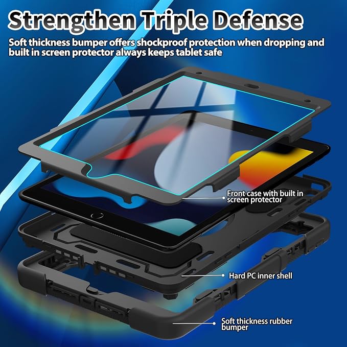for iPad 9th 8th 7th Gen Case 10.2 inch with Screen Protector | 360° Rotating Kickstand Hand Strap Shoulder Strap Heavy Duty Military Grade - Kids Friendly
