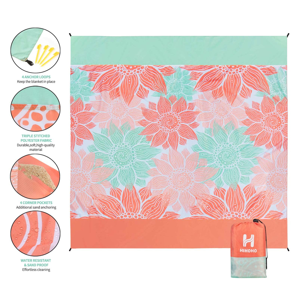 HIHOHO Waterproof Sandproof Beach Blanket Mat for 1-8 Adults, Quick Drying