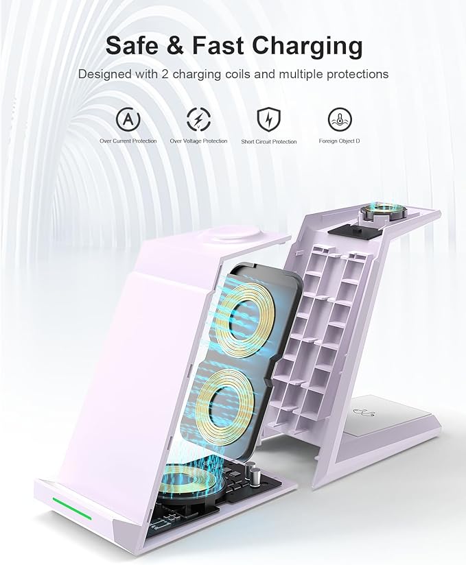 Wireless Charging Station for iPhone - ADADPU 3 in 1 Charger Stand for iPhone 16 15 14 13 12 11 Pro Max XR XS 8 Plus, Wireless Charging Dock for Apple Watch 8/7/SE/6/5/4/3/2, AirPods Pro/3/2 (Purple)