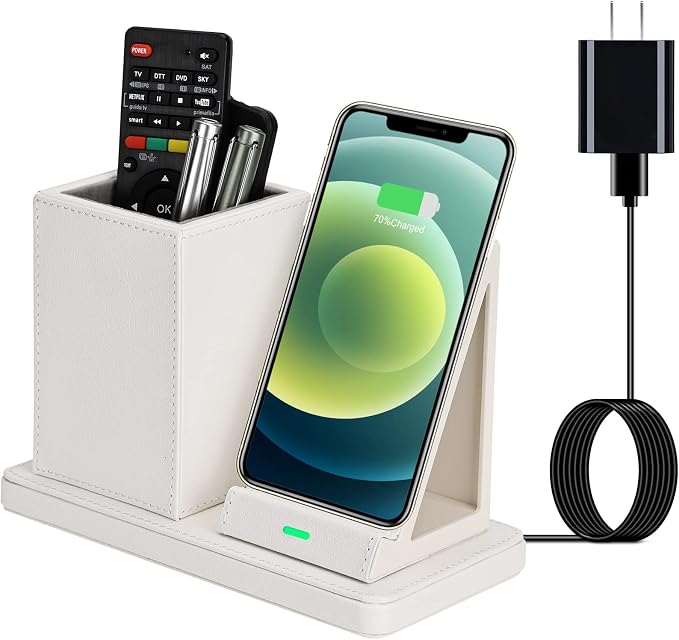 Wireless Charger with Desk Organizer Wireless Charging Station for iPhone 13/13 Pro Max/13 Pro/12 Series/11/XS Max/XR/X/8Plus/SE 2 Wireless Charging Stand with Leather… (Black)