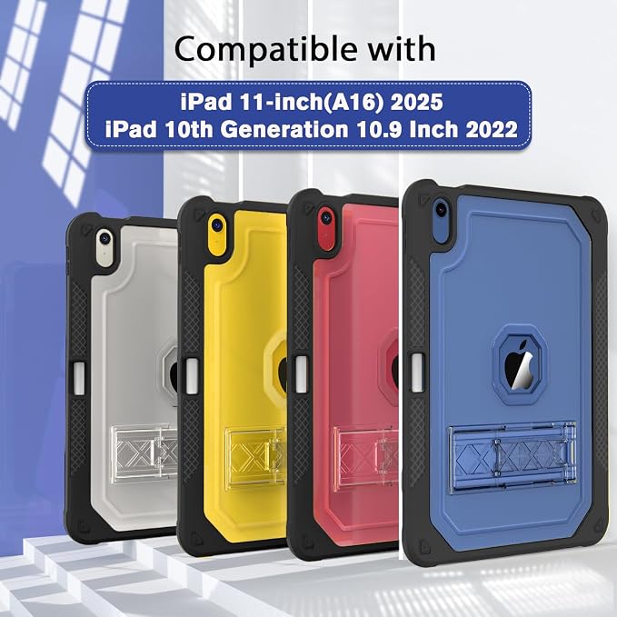 ZoneFoker Case for iPad 11-inch (A16) 2025 / iPad 10th Gen 10.9 inch 2022 Heavy Duty Shockproof Rugged Protective with Pencil Holder 11th / 10th Translucent Cover with Kickstand