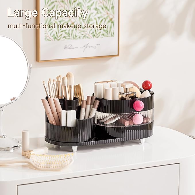 Makeup Organizer Countertop for Vanity with 360° Rotating Brush Holder, 3 Layer Cosmetic and Jewelry Storage, Makeup Display Case for Skincare&Perfume, Black