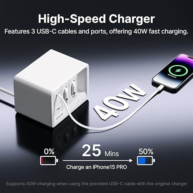 11-in-1 Desktop Charging Station with 3 Retractable Wall Chargers, 40W USB-C Power Strip with 5 AC, 3 USB C, 3 Type-C 31.5in Cables, Extension Cord with 1020J Surge Protection for Home Office