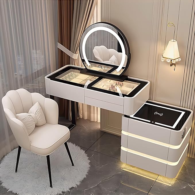 Makeup Vanity Desk, Modern Dressing Table Include LED Smart Round Mirror and Glass Countertop, Luxury Vanity Set with Makeup Chair, Side Cabinet with Drawers Storage and Ambient Light (White,32")