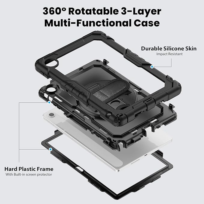Junfire Shockproof Case for Lenovo Tab 10.1 (TB-311XU/TB-311FU) 2025 2026 | Screen Protector 360 Rotating Kickstand Hand Strap Shoulder Belt Black