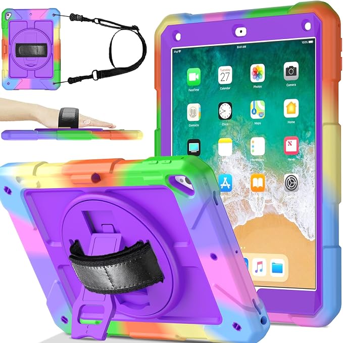 BMOUO Case for iPad 6th/5th Generation Case (9.7 inch 2018/2017) 360°Rotating Stand Hand/Shoulder Strap Shockproof iPad 9.7” Case for iPad Air 2 Black