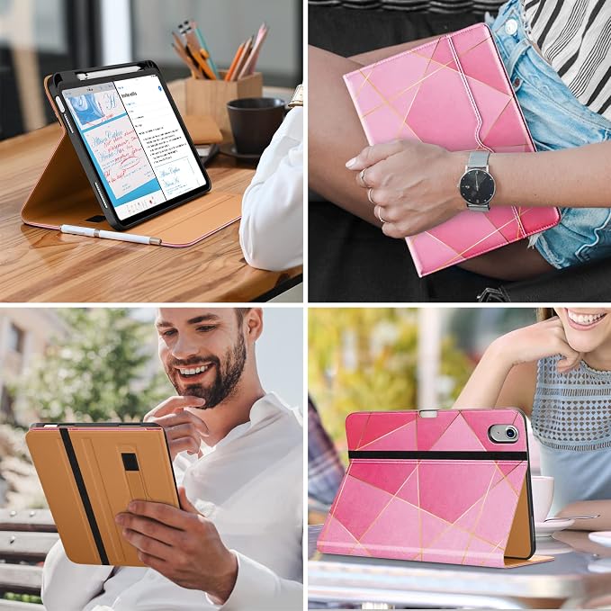 DTTO for iPad (A16) 11th Generation 11-inch &amp 10th Gen Case Brown | Premium Leather Business Cover with Pencil Holder Hand Strap &amp Pocket Corner Protection Auto Sleep/Wake for Work &amp