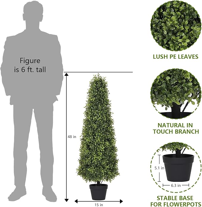 4ft Artificial Boxwood Topiary Trees (Set of 2) - UV Resistant Faux Plants Outdoor, Realistic 48in Fake Potted Bushes and Shrubs for Front Porch, Planter, Patio - Low Maintenance & Evergreen