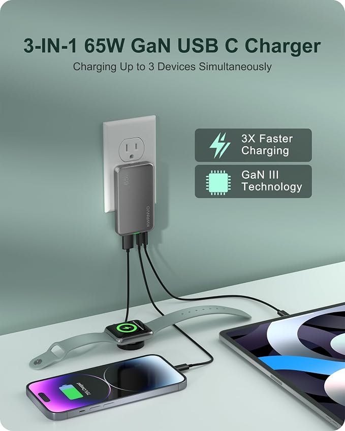 Flat USB Wall Charger 3 Ports Ultra-Slim Fast Wall Charger for Pixelbook iPad Pro iPhone 17/16/15/14 Black