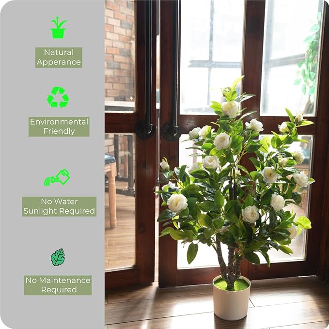 Artificial Camellia Tree 35in Faux Floral Plant with White Flowers and Green Leaves - No Maintenance Indoor Outdoor Office Home Porch Decor Housewarming Gift(2Pack，White)