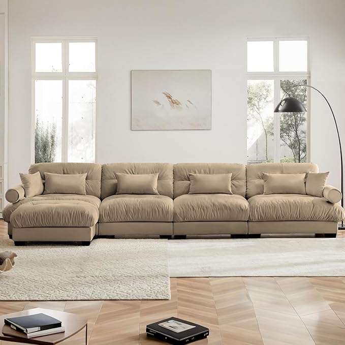 166" Oversized Couch, 4 Seater Sectional Couches for Living Room, Camel Velvet Large L Shaped Fluffy Modular Couch Set with Ottoman