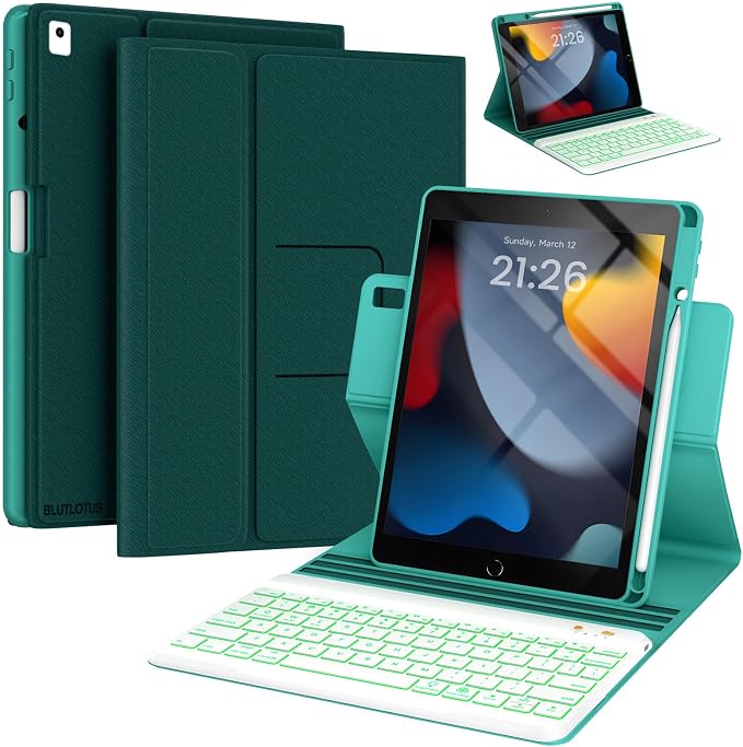 BLUTLOTUS Keyboard case for iPad 9th/8th/7th Generation 10.2 Inch - Backlit Wireless Detachable Folio Keyboard Cover with Pencil Holder for iPad 9th/8th/7th Gen Air 3rd Generation 10.5 Inch
