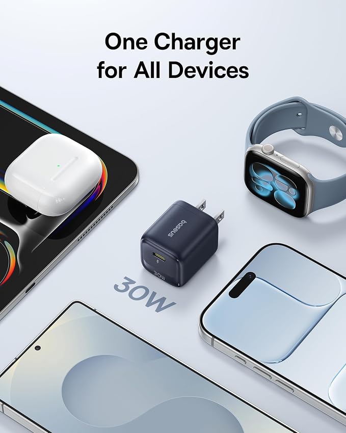 Baseus 30W USB C Charger Block 2 Pack Fast Charger Type C with USB-C Cable Compact Wall Charger for iPhone 17/16/15 Series iPad Galaxy S26/S25 Ultra and MacBook Air Black
