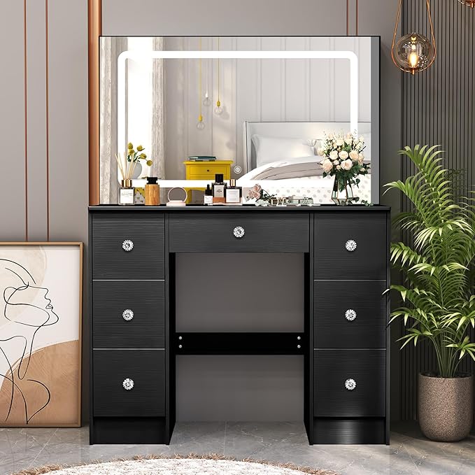 JBLCC Black Vanity Desk with Mirror and Lights, 39.4''W Makeup Vanity with 3-Color Lighted Mirror, 7 Drawers & Open Shelves, Big Vanity Table for Bedroom, Girls & Women
