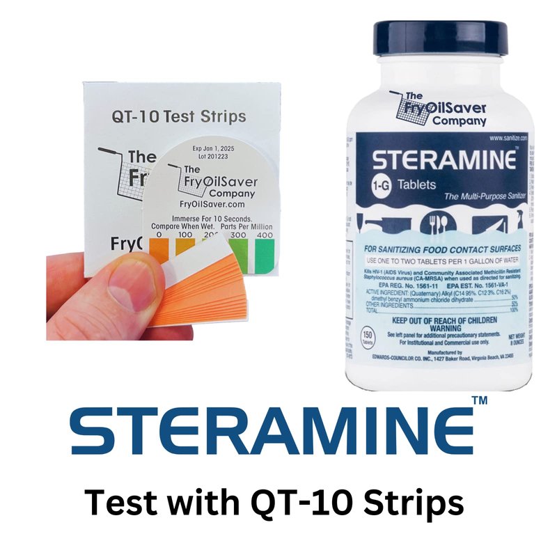 1 Bottle Steramine Sanitizer Tablets w/15x QT-10 Test Strips - Multi Purpose Steramine Sanitizing Tablets for Food Contact Surface, Kitchen, Restaurant & Commercial Use by FryOilSaver (150 Count)
