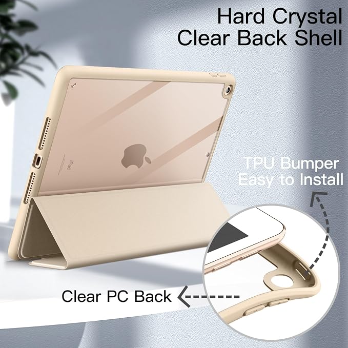 JETech Case Cover for iPad 9th/8th/7th Gen 10.2 Beige | Clear Transparent Back Pencil Holder Slim Shockproof Protection Tri-Fold Stand Auto Wake/Sleep