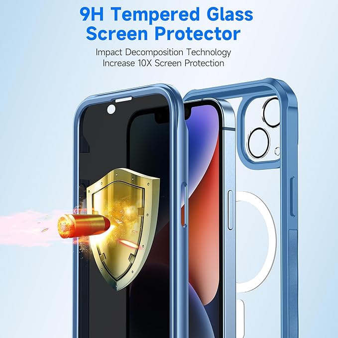 seacosmo for iPhone 14 Plus Case, Full Body Bumper with Built-in 9H Tempered Glass Privacy Screen and Camera Lens Protector, Compatible with MagSafe, Shockproof 14 Plus Phone Case, 6.7", Blue