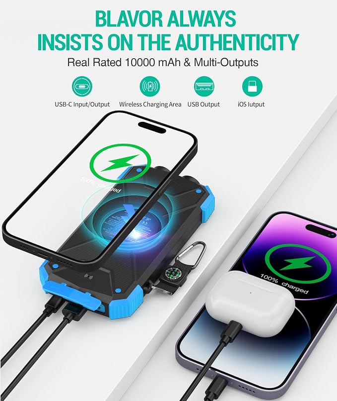 BLAVOR Solar Power Bank 10000mAh Portable Wireless Charger 20W Fast Charging External Battery Pack with USB C for Cell Phones Solar Panel Charging with Dual Flashlight for Camping