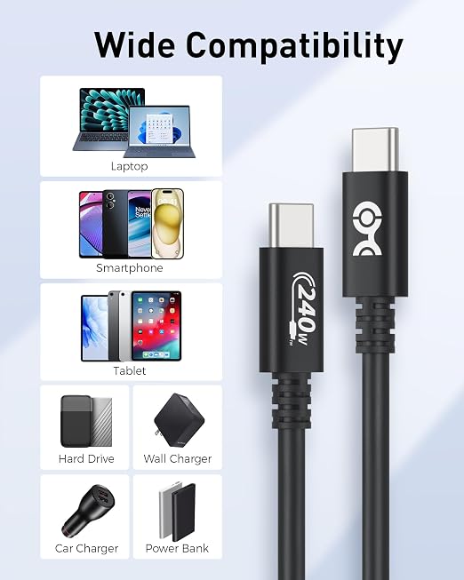Cable Matters [USB-IF Certified] 240W USB C Charging Cable 6.6ft Black | 480Mbps Data No Video Support USB C Charger Cable for MacBook iPad Pro XPS Surface Pro