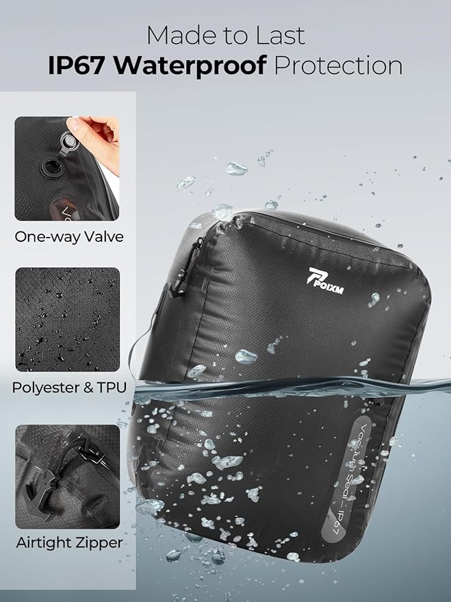 POIXM Vacuum Bags for Travel with Wireless Pump, 180° Open Zipper, IP67 Waterproof, Reusable Space Saver Compression Bags for Backpack, Suitcase, Home Storage(3 Pack + Pump)